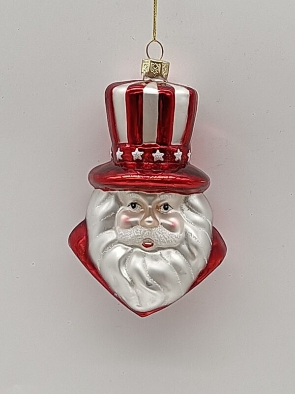 Red White and Blue Santa Head Glass Ornament, Patriotic Star Top Hat Christmas Tree Decor