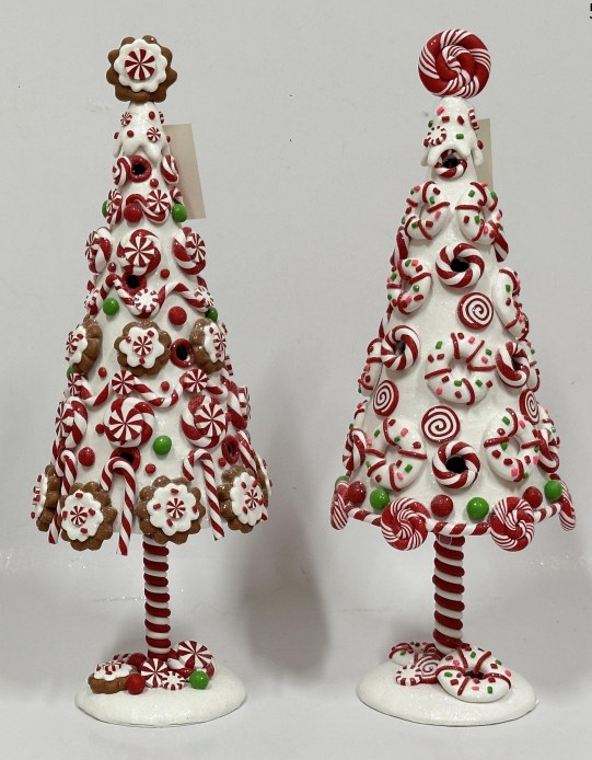 Set of 2 Peppermint Candy Christmas Trees, Candy Cane Clay Dough Tabletop Tree Decor Wholesale