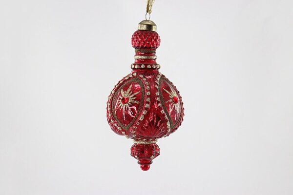 Red Ornate Glass Diamond Christmas Ornament, Gold Embossed Victorian Tree Hanging Decoration