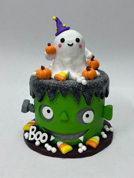 Ghost on Green Frankenstein Pot BOO Halloween Decor, Clay Dough Halloween Tabletop Figurine