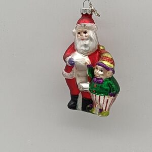 Santa Claus Glass Ornament with Elf Child, Hand Painted Christmas Tree Figure Hanging Decor