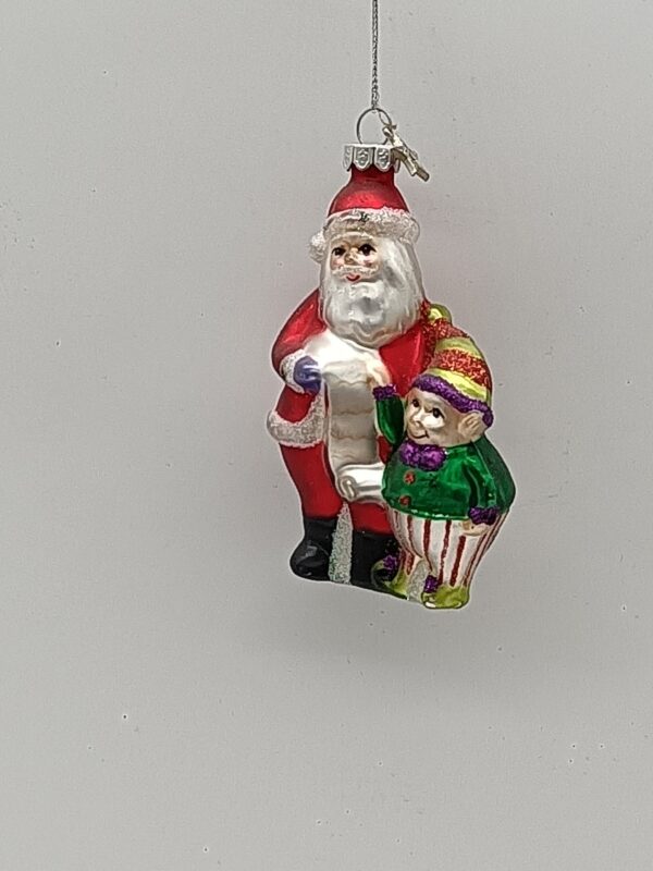 Santa Claus Glass Ornament with Elf Child, Hand Painted Christmas Tree Figure Hanging Decor