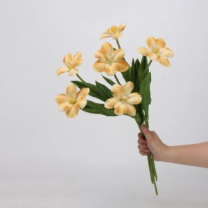 Peach Yellow Artificial Lily Bush 5 Heads, Faux Asiatic Lily Bouquet for Spring Home Decor, Wholesale