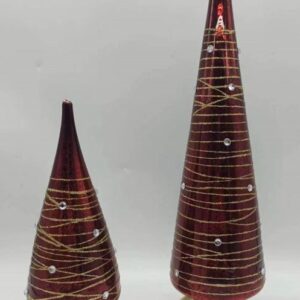 Set of 2 Burgundy Glitter Glass Christmas Trees, Nested LED Tabletop Holiday Tree Decor Wholesale