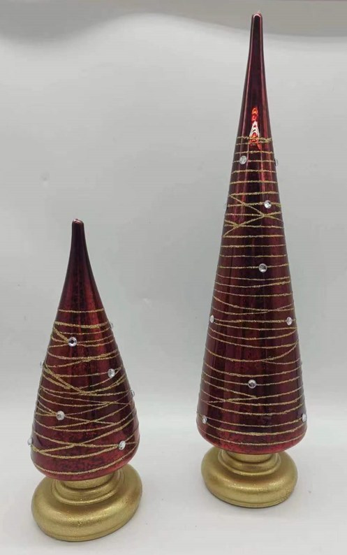 Set of 2 Burgundy Glitter Glass Christmas Trees, Nested LED Tabletop Holiday Tree Decor Wholesale