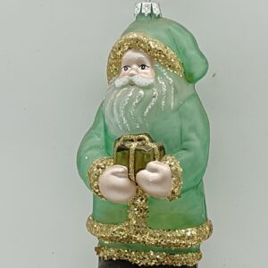 Green Coat Santa Claus Glass Ornament with Drum, Gold Trim Christmas Tree Figure Decor