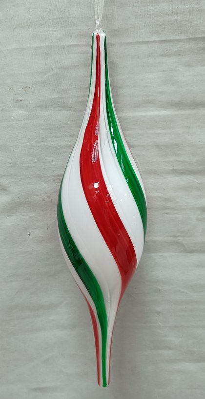 Red Green White Striped Glass Drop Christmas Ornament, Hand Painted Glass Tree Decoration