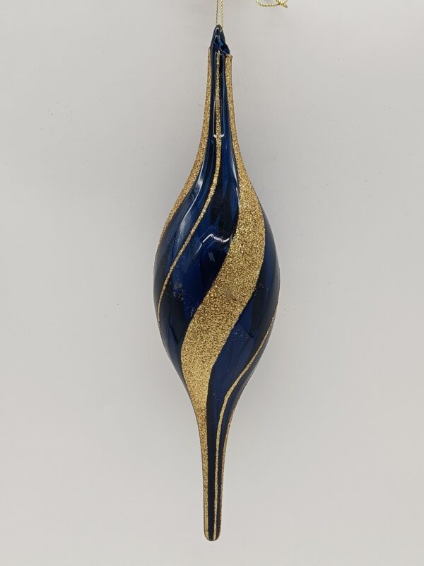 Navy Blue and Gold Swirl Glass Teardrop Ornament, Hand Painted Christmas Tree Drop Decor