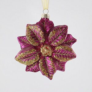 Pink Poinsettia Glass Christmas Ornament, Gold Center Flower Holiday Tree Hanging Decoration