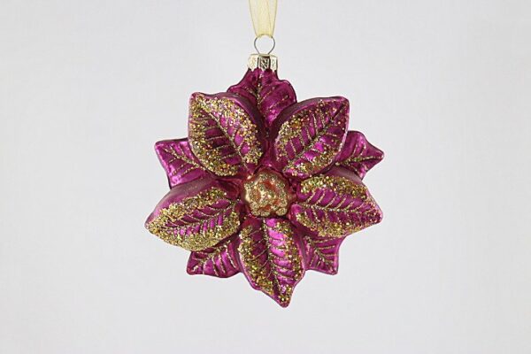 Pink Poinsettia Glass Christmas Ornament, Gold Center Flower Holiday Tree Hanging Decoration