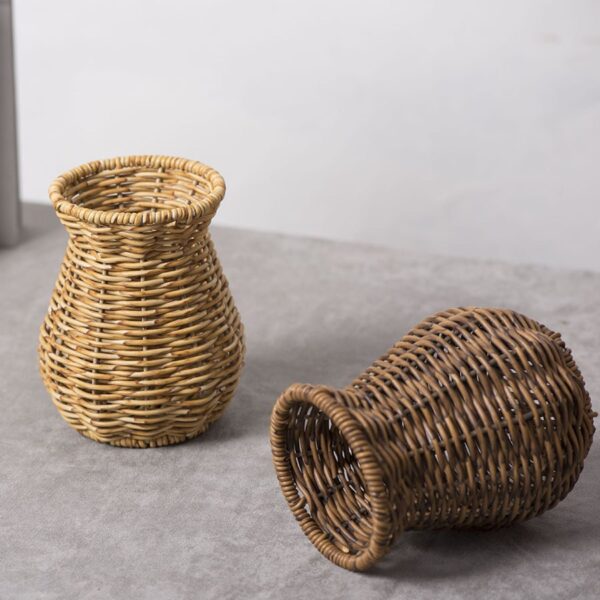Handwoven Wicker Vase Set of 2, Natural Rattan Tabletop Decor, Rustic Farmhouse Centerpiece for Living Room, Wholesale