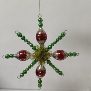Red and Green Glass Bead Snowflake Ornament 17cm, Beaded Christmas Tree Hanging Decoration