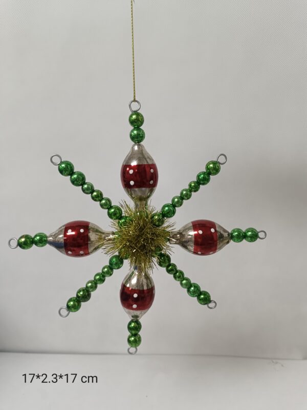 Red and Green Glass Bead Snowflake Ornament 17cm, Beaded Christmas Tree Hanging Decoration