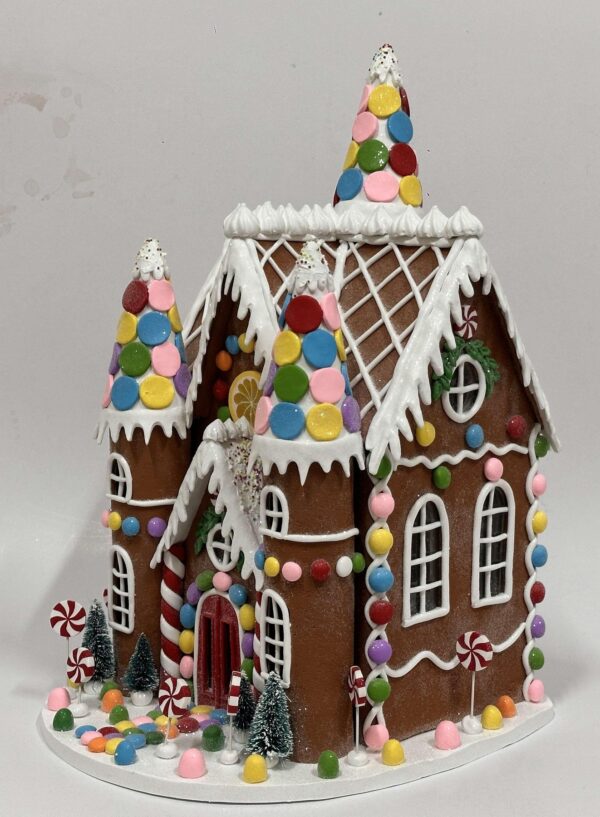 Colorful Candy Gingerbread House Christmas Figurine, Frosted Clay Dough Holiday Village Decor