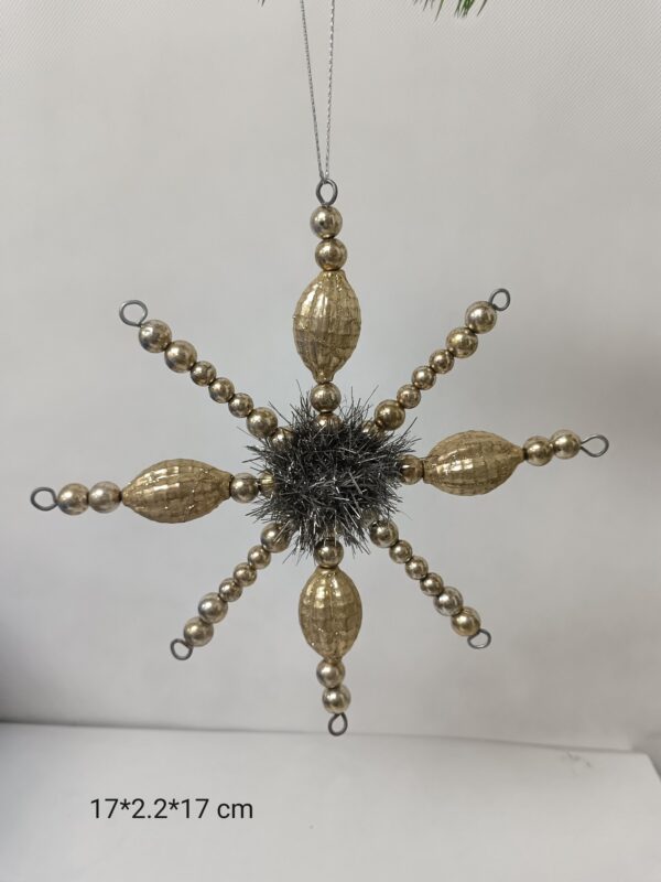 Glass Bead Snowflake Christmas Ornament 17cm, Champagne Silver Beaded Holiday Tree Decor