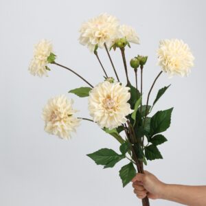 Cream White Artificial Dahlia Bush 5 Heads with Buds, Faux Pompon Dahlia Bouquet for Home Wedding Decor, Wholesale