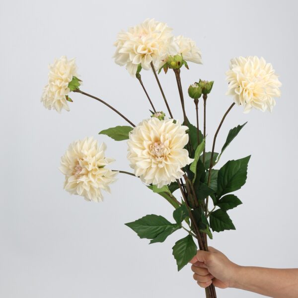 Cream White Artificial Dahlia Bush 5 Heads with Buds, Faux Pompon Dahlia Bouquet for Home Wedding Decor, Wholesale