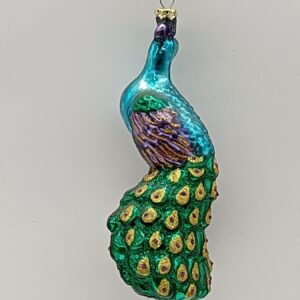 Glass Peacock Christmas Ornament, Green Blue Glitter Bird Holiday Tree Hanging Decoration