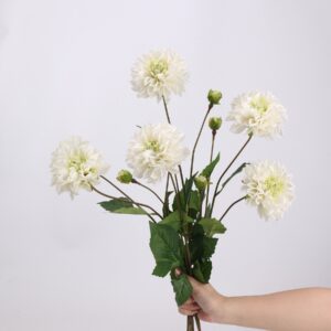 Cream White Artificial Dahlia Bush 5 Heads with Buds, Faux Pompon Dahlia Bouquet for Home Wedding Decor, Wholesale