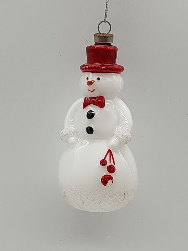 White Glass Snowman Ornament with Red Top Hat, Classic Christmas Tree Hanging Figure Decoration
