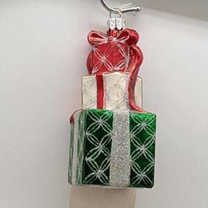 Green Gift Box Stack Glass Christmas Ornament with Red Bow, Holiday Tree Hanging Decoration