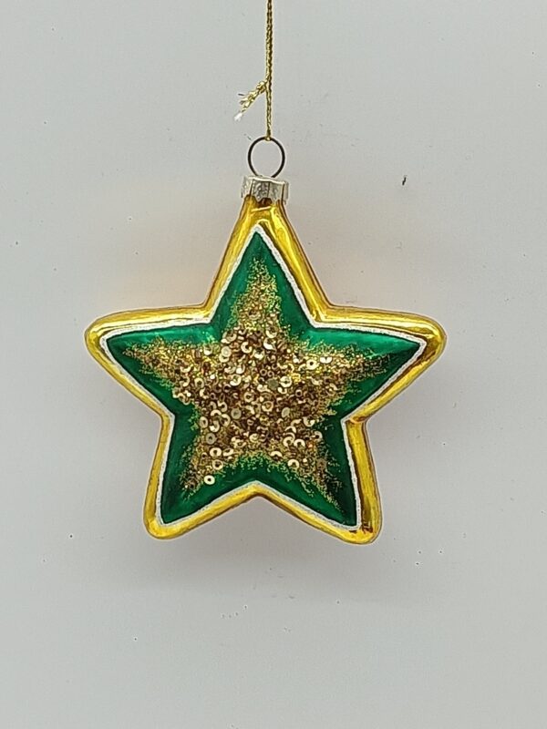 Green and Gold Star Glass Christmas Ornament, Glitter Outline Star Tree Hanging Decoration