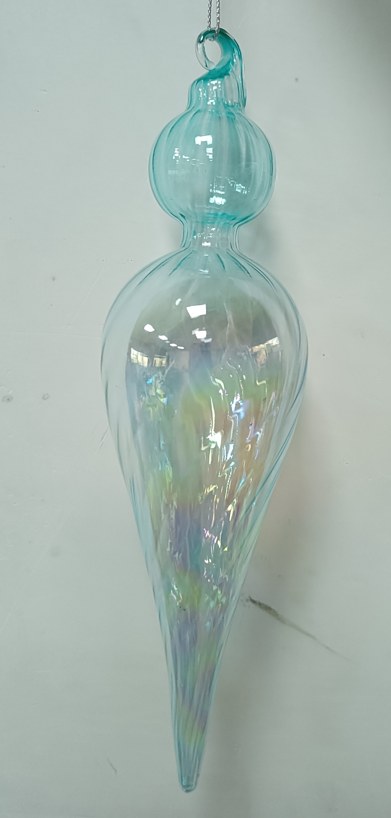 Light Blue Iridescent Glass Finial Ornament, Dotted Textured Christmas Tree Hanging Decor