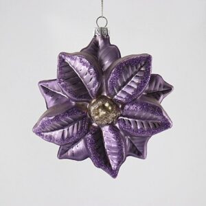 Purple Poinsettia Glass Christmas Ornament, Silver Center Flower Holiday Tree Hanging Decor