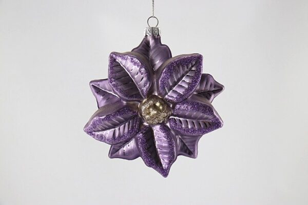 Purple Poinsettia Glass Christmas Ornament, Silver Center Flower Holiday Tree Hanging Decor