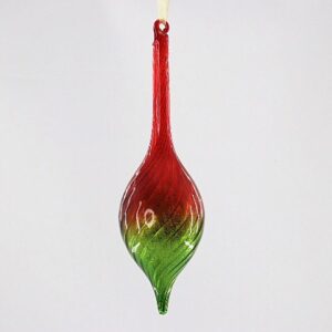 Red and Green Glass Teardrop Finial Ornament, Two Tone Hand Blown Christmas Drop Decor