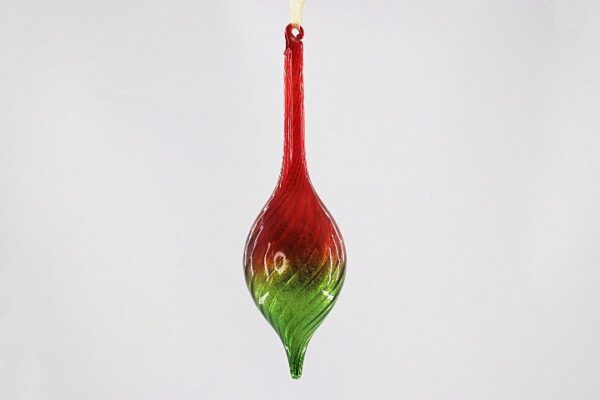 Red and Green Glass Teardrop Finial Ornament, Two Tone Hand Blown Christmas Drop Decor