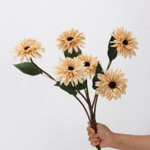 Beige Artificial Sunflower Bush 5 Heads, Faux Vintage Gerbera Daisy Bouquet for Fall Home Decor, Wholesale