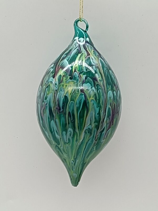 Green Marbled Glass Teardrop Christmas Ornament, Hand Blown Swirl Holiday Tree Drop Decor