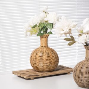 Round Belly Rattan Vase with White Peonies, Handwoven Wicker Sphere Vase for Rustic Wedding and Home Decor, Wholesale