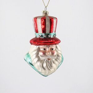 Santa Head Glass Ornament with Green Top Hat, Holly Berries Christmas Tree Hanging Decoration