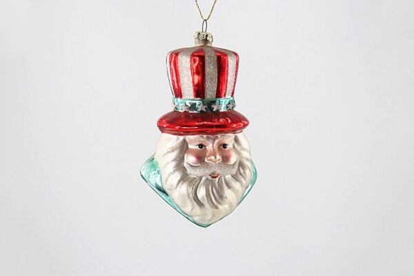 Santa Head Glass Ornament with Green Top Hat, Holly Berries Christmas Tree Hanging Decoration