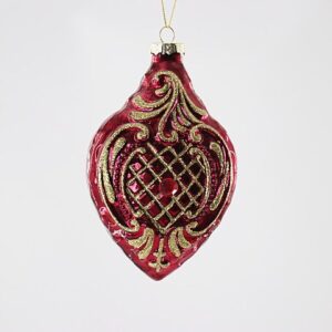 Red and Gold Embossed Glass Teardrop Ornament, Victorian Style Christmas Tree Drop Decor