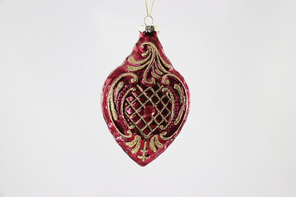 Red and Gold Embossed Glass Teardrop Ornament, Victorian Style Christmas Tree Drop Decor