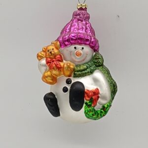 Glass Snowman Ornament with Pink Hat and Flowers, Glitter Christmas Tree Hanging Figure Decor