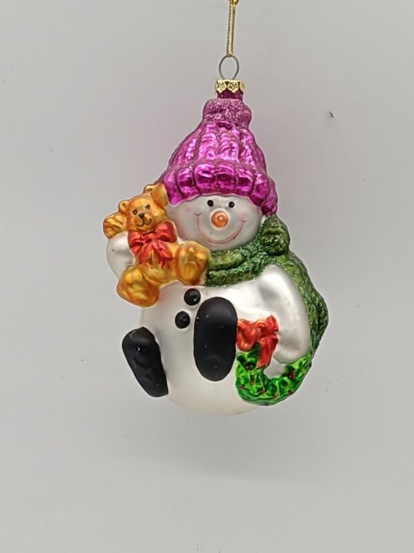 Glass Snowman Ornament with Pink Hat and Flowers, Glitter Christmas Tree Hanging Figure Decor