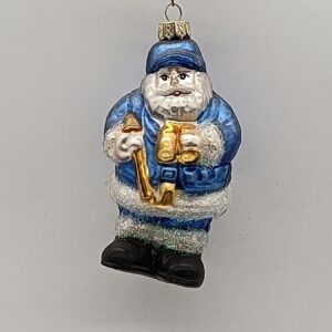 Blue Santa Claus Glass Christmas Ornament with Gold Bell, Snow Glitter Holiday Tree Figure Decor