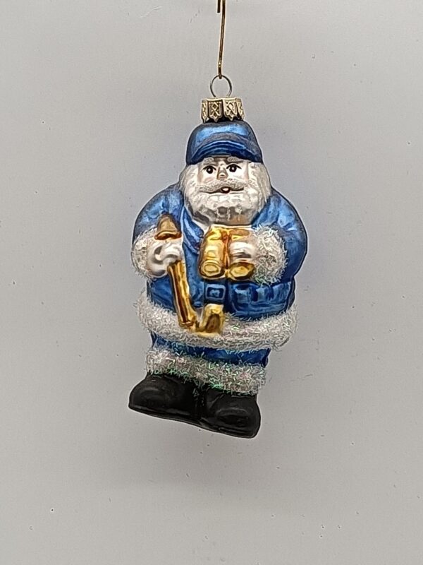 Blue Santa Claus Glass Christmas Ornament with Gold Bell, Snow Glitter Holiday Tree Figure Decor