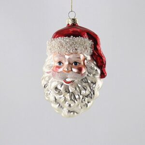Classic Santa Head Glass Christmas Ornament, White Beard Red Hat Holiday Tree Hanging Decor