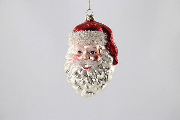 Classic Santa Head Glass Christmas Ornament, White Beard Red Hat Holiday Tree Hanging Decor