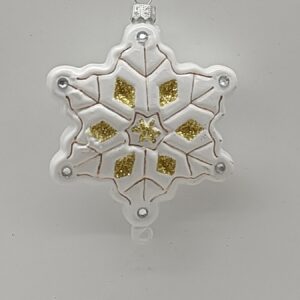 White Glitter Snowflake Glass Christmas Ornament, Gold Accented Holiday Tree Hanging Decoration