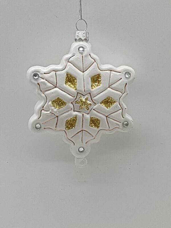 White Glitter Snowflake Glass Christmas Ornament, Gold Accented Holiday Tree Hanging Decoration