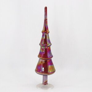 Red Striped Glass Christmas Tree on Stem, Hand Painted Tabletop Holiday Tree Ornament