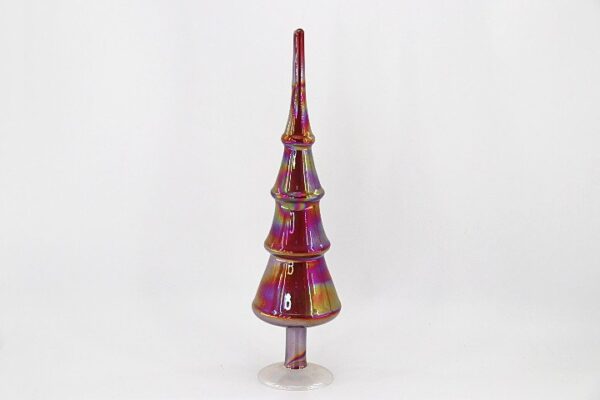Red Striped Glass Christmas Tree on Stem, Hand Painted Tabletop Holiday Tree Ornament