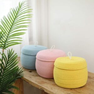 Round Woven Storage Baskets with Lids, Colorful Cotton Rope Canister Set for Desktop and Vanity Organization, Wholesale