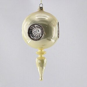 Champagne Yellow Glass Lantern Finial Ornament, Reflective Disk Vintage Christmas Tree Decor